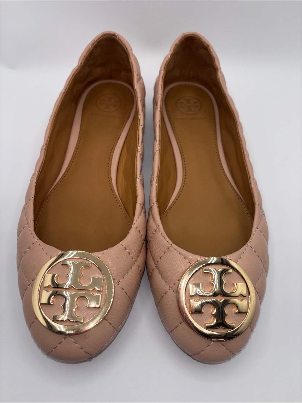 Tory Burch Quilted Blush Ballet Flats with Gold Logo Medallion